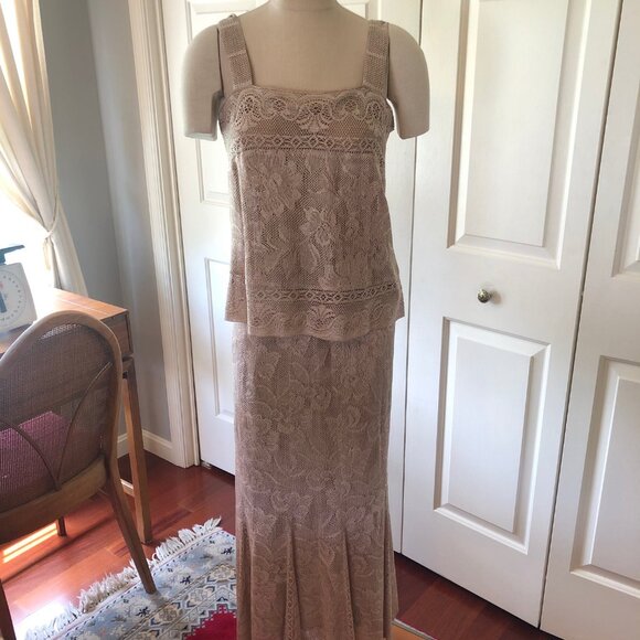 DAMIANOU 3 PIECE LACE SHIMMERY LONG DRESS WORN ONCE MOTHER OF BRIDE CHAMPAGNE - Picture 2 of 16